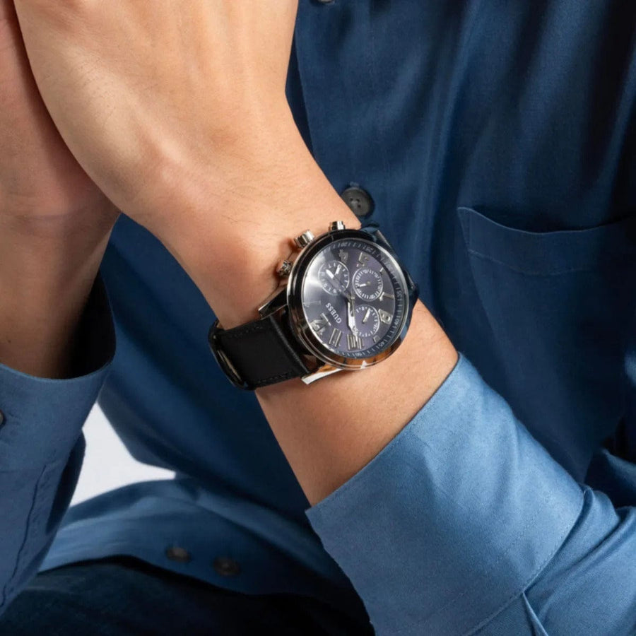 Hugo Boss Aeroliner Chronograph Black Dial Black Leather Strap Watch for Men - 1512567