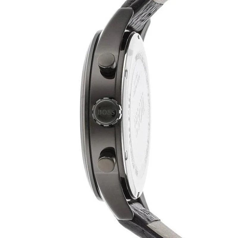 Hugo Boss Aeroliner Chronograph Black Dial Black Leather Strap Watch for Men - 1512567