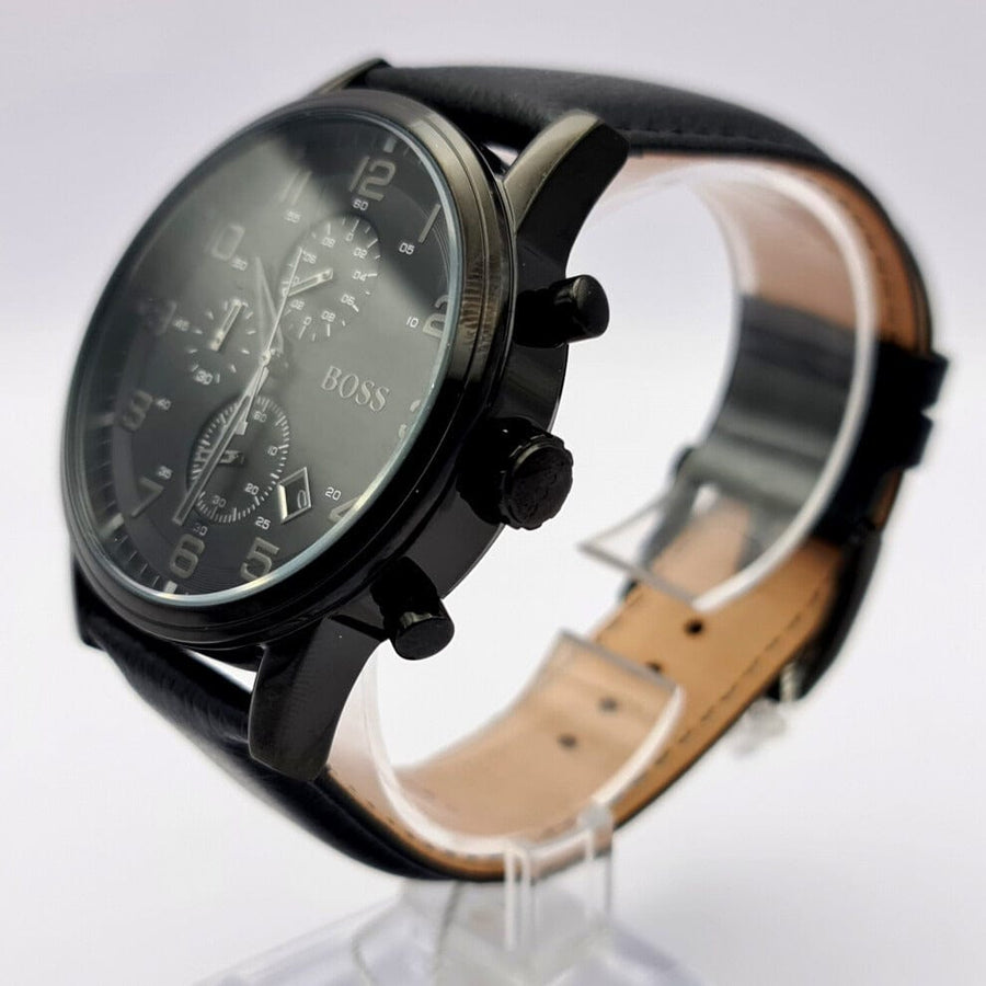 Hugo Boss Aeroliner Chronograph Black Dial Black Leather Strap Watch for Men - 1512567