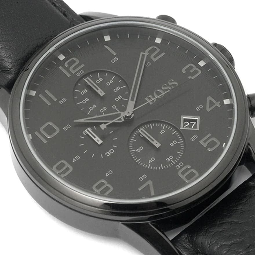 Hugo Boss Aeroliner Chronograph Black Dial Black Leather Strap Watch for Men - 1512567