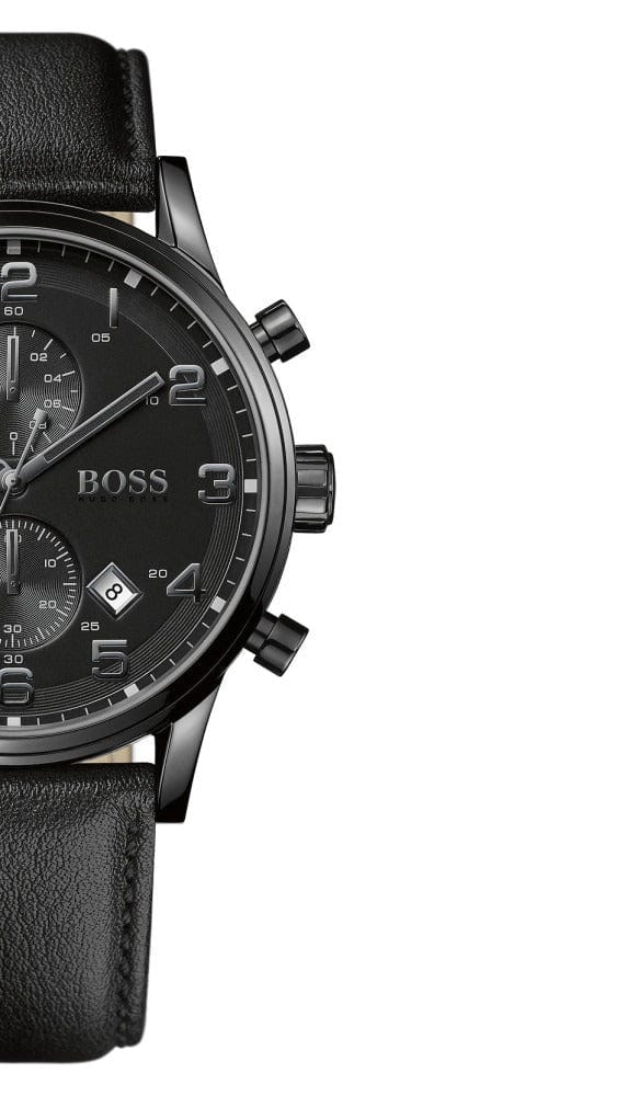 Hugo Boss Aeroliner Chronograph Black Dial Black Leather Strap Watch for Men - 1512567