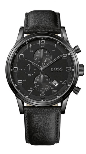 Hugo Boss Aeroliner Chronograph Black Dial Black Leather Strap Watch for Men - 1512567