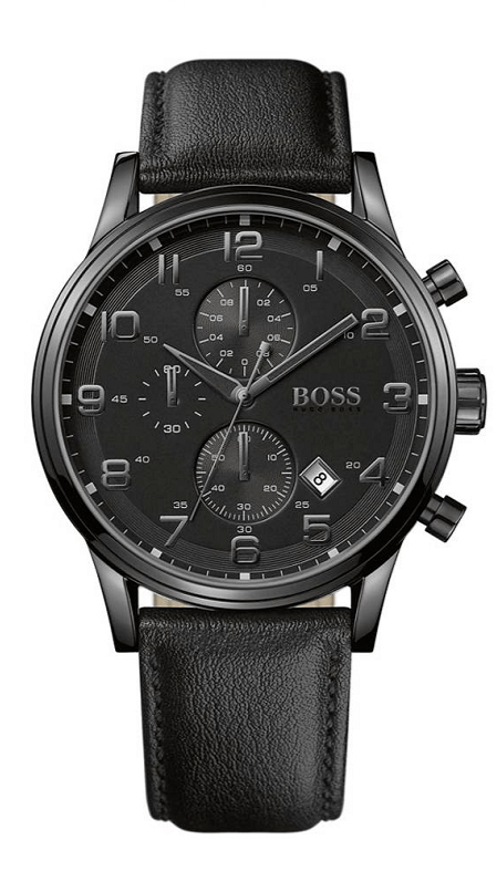 Hugo Boss Aeroliner Chronograph Black Dial Black Leather Strap Watch for Men - 1512567