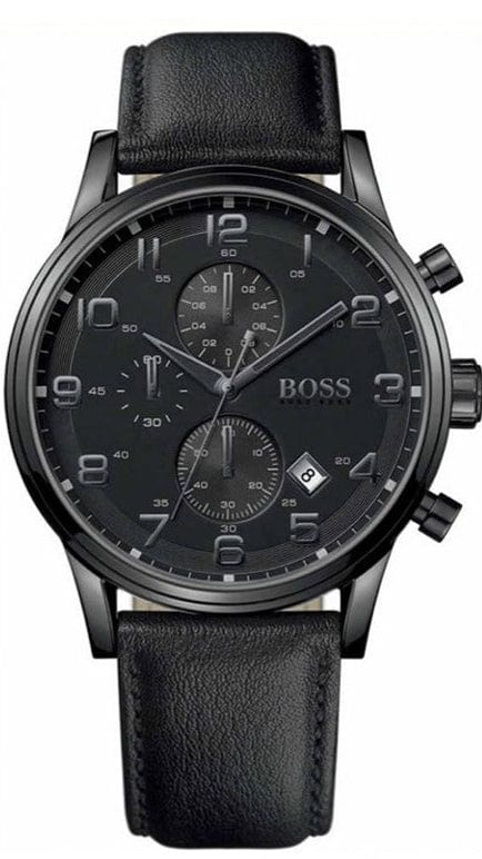 Hugo Boss Aeroliner Chronograph Black Dial Black Leather Strap Watch for Men - 1512567