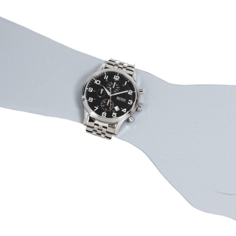 Hugo Boss Aeroliner Chronograph Black Dial Silver Steel Strap Watch For Men - 1512446