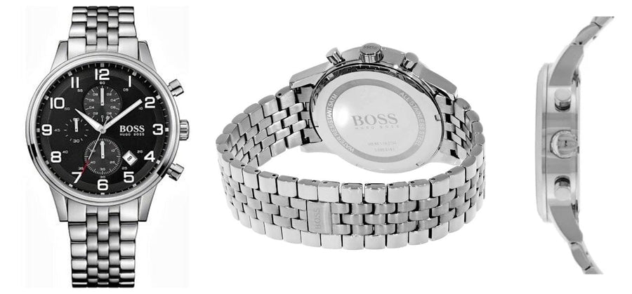 Hugo Boss Aeroliner Chronograph Black Dial Silver Steel Strap Watch For Men - 1512446