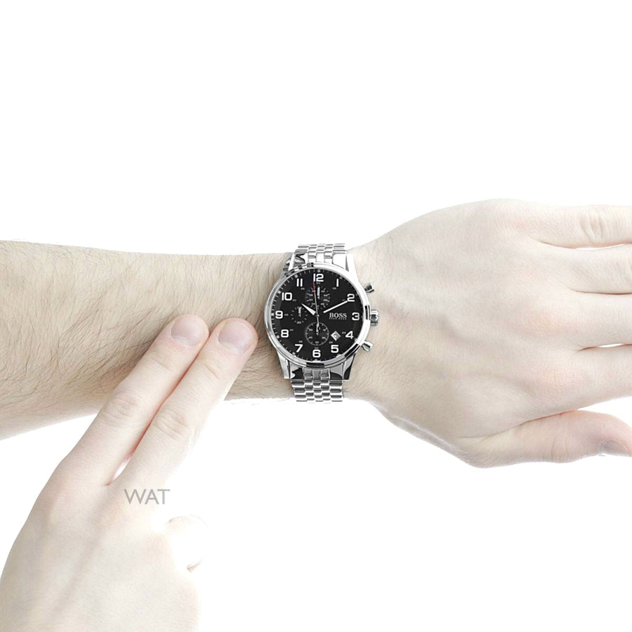 Hugo Boss Aeroliner Chronograph Black Dial Silver Steel Strap Watch For Men - 1512446