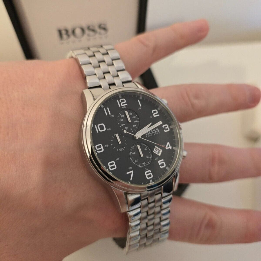 Hugo Boss Aeroliner Chronograph Black Dial Silver Steel Strap Watch For Men - 1512446