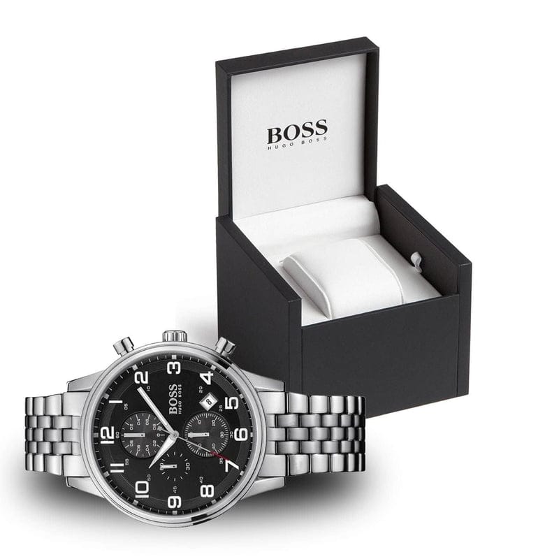 Hugo Boss Aeroliner Chronograph Black Dial Silver Steel Strap Watch For Men - 1512446