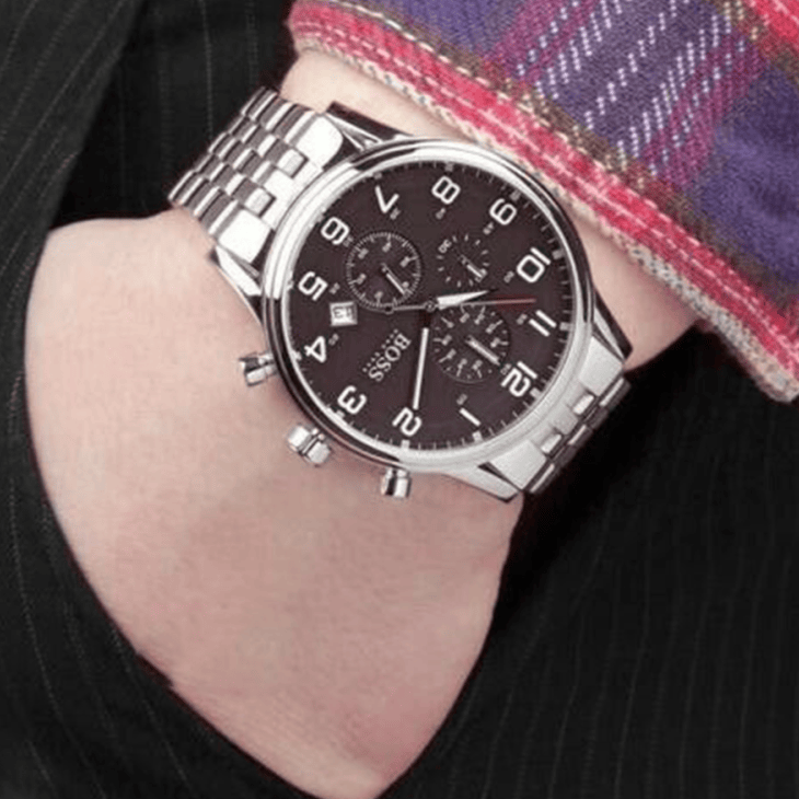 Hugo Boss Aeroliner Chronograph Black Dial Silver Steel Strap Watch For Men - 1512446
