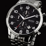 Hugo Boss Aeroliner Chronograph Black Dial Silver Steel Strap Watch For Men - 1512446