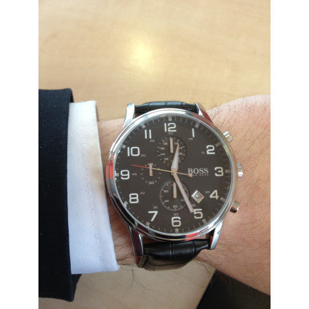 Hugo Boss Aeroliner Chronograph Quartz Black Dial Black Leather Strap Watch For Men - HB1512448