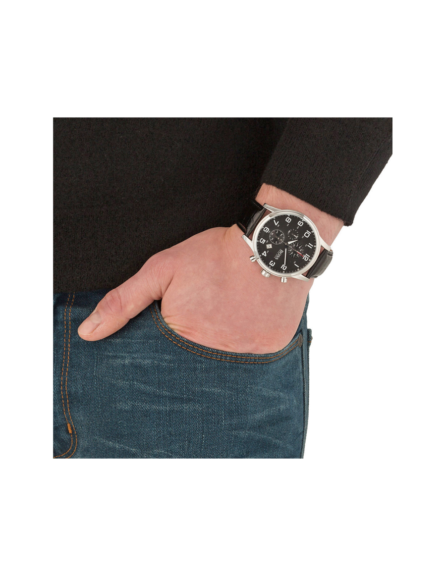 Hugo Boss Aeroliner Chronograph Quartz Black Dial Black Leather Strap Watch For Men - HB1512448