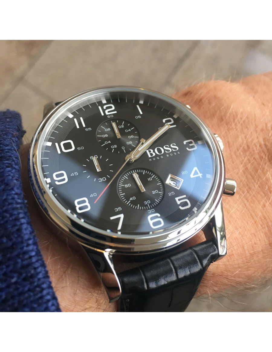 Hugo Boss Aeroliner Chronograph Quartz Black Dial Black Leather Strap Watch For Men - HB1512448
