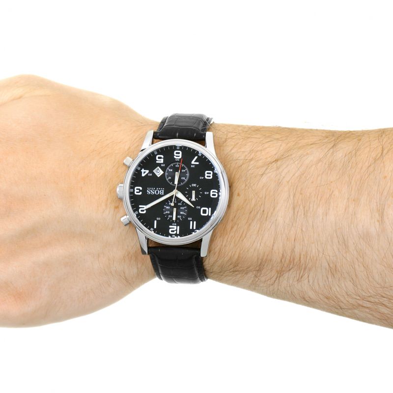 Hugo Boss Aeroliner Chronograph Quartz Black Dial Black Leather Strap Watch For Men - HB1512448