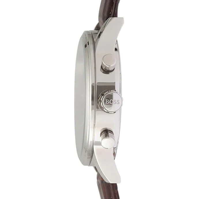Hugo Boss Aeroliner Chronograph Quartz Grey Dial Brown Leather Strap Watch For Men - HB1512570