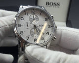 Hugo Boss Aeroliner Chronograph White Dial Silver Steel Strap Watch For Men - 1512445
