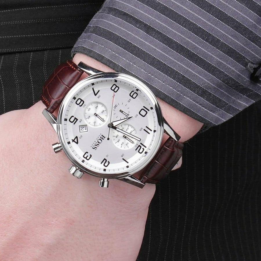 Hugo Boss Aeroliner Chronoraph White Dial Brown Leather Strap Watch For Men - HB1512447
