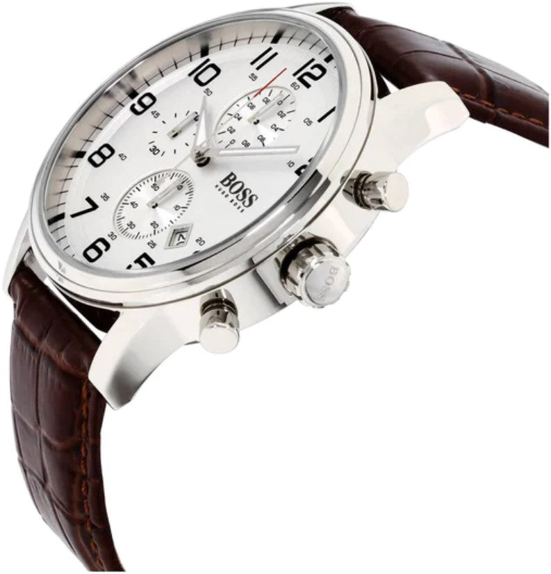 Hugo Boss Aeroliner Chronoraph White Dial Brown Leather Strap Watch For Men - HB1512447