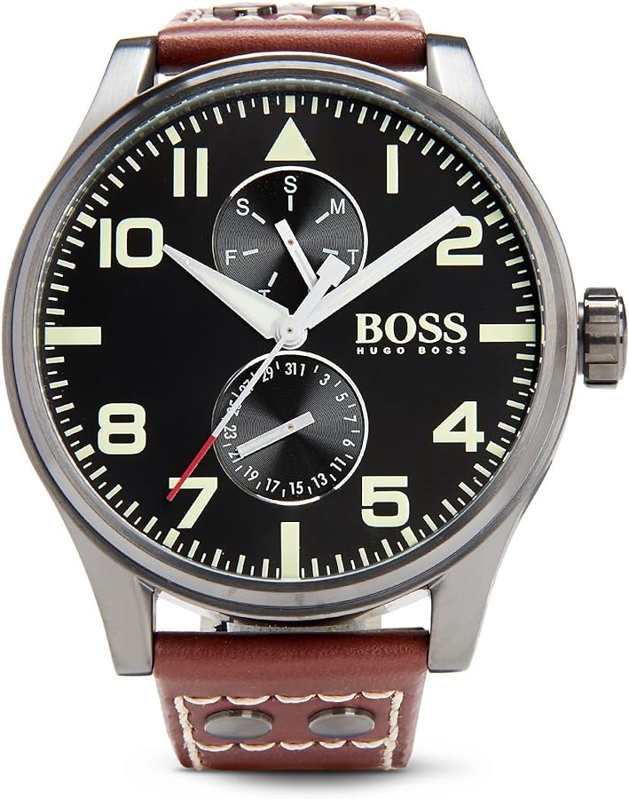 Hugo Boss Aeroliner Day Date Black Dial Brown Leather Strap Watch For Men - HB1513079