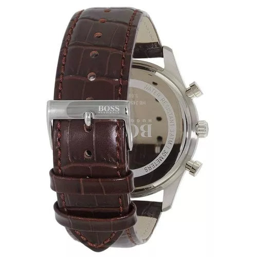 Hugo Boss Ambassador Chronograph Silver Dial Brown Leather Strap Watch For Men - HB1513195