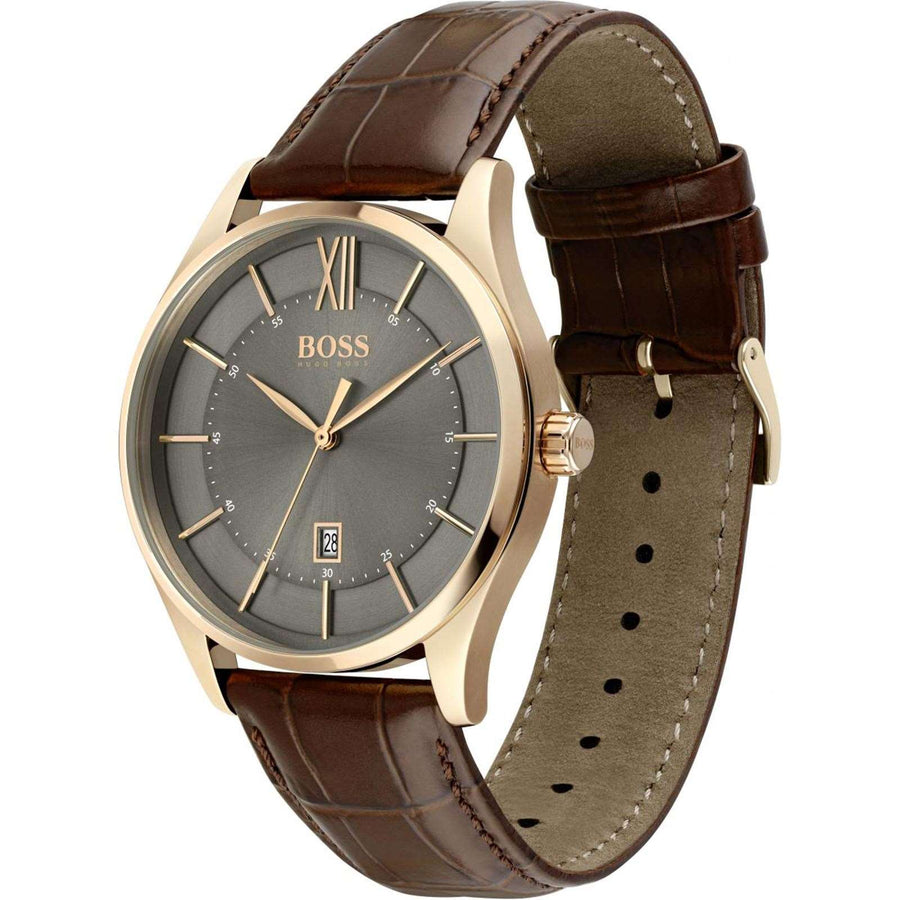Hugo Boss Ambassador Grey Dial Brown Leather Strap Watch for Men - 1513387