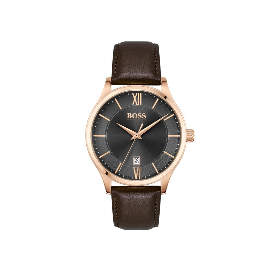 Hugo Boss Ambassador Grey Dial Brown Leather Strap Watch for Men - 1513387
