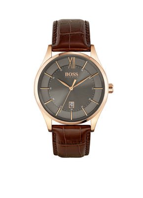 Hugo Boss Ambassador Grey Dial Brown Leather Strap Watch for Men - 1513387