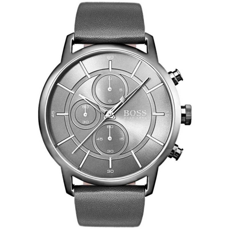 Hugo Boss Architectural Grey Dial Grey Leather Strap Watch for Men - 1513570