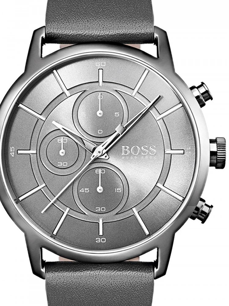 Hugo Boss Architectural Grey Dial Grey Leather Strap Watch for Men - 1513570