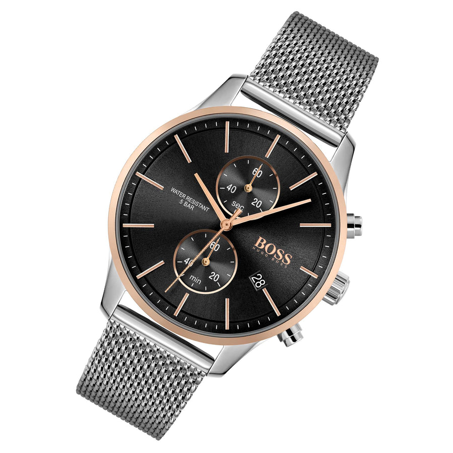 Hugo Boss Associate Black Dial Silver Mesh Bracelet Watch for Men - 1513805
