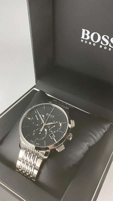 Hugo Boss Associate Black Dial Silver Steel Strap Watch for Men - 1513267