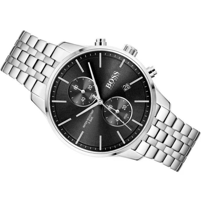 Hugo Boss Associate Black Dial Silver Steel Strap Watch for Men - 1513869