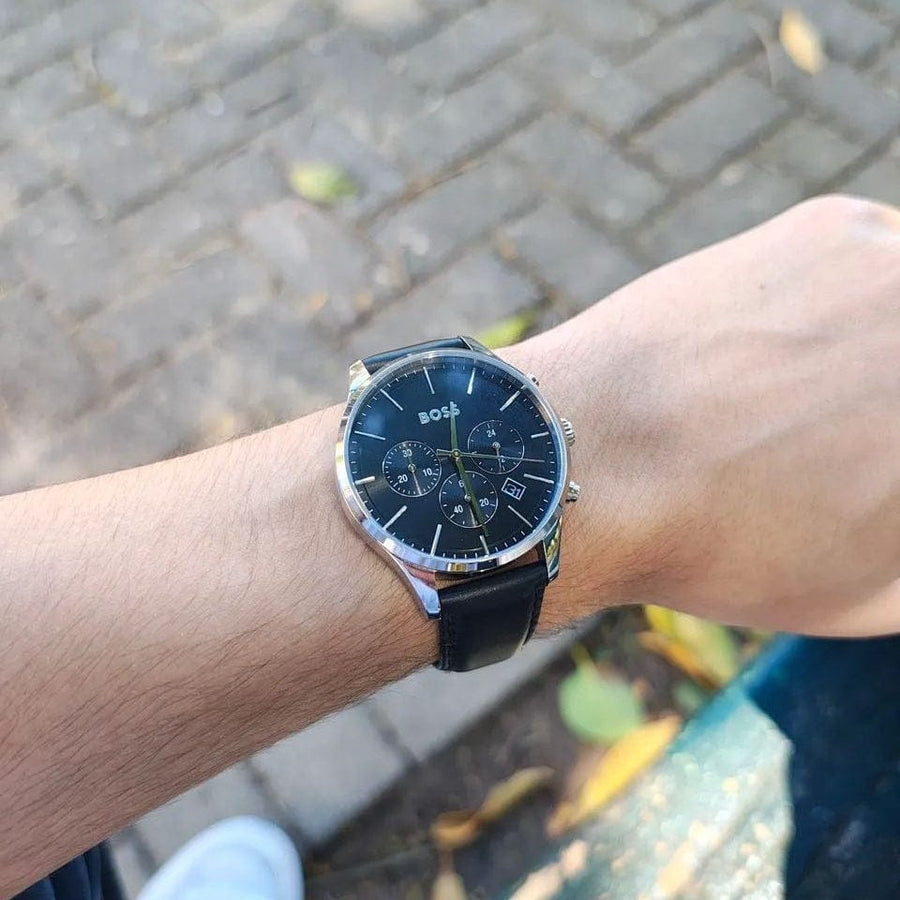 Hugo Boss Avery Chronograph Black Dial Black Leather Strap Watch for Men - 1514211