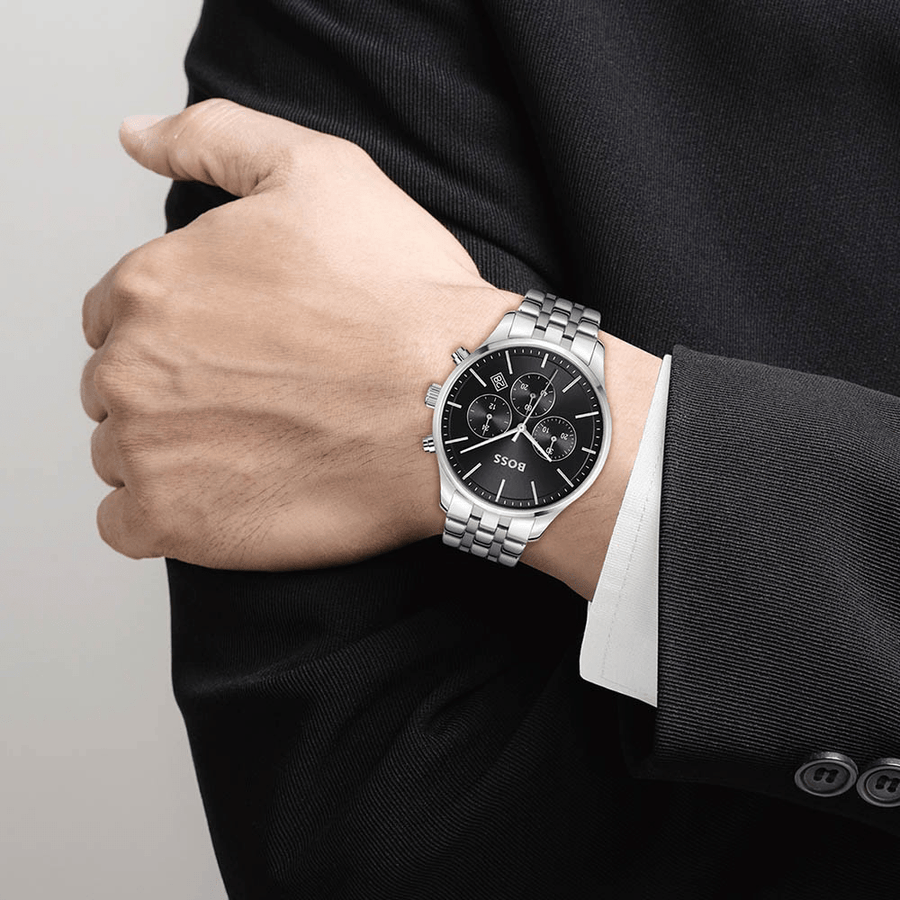 Hugo Boss Avery Chronograph Black Dial Silver Steel Strap Watch for Men - 1514157
