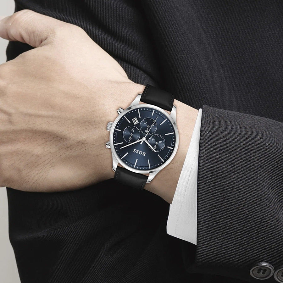 Hugo Boss Avery Chronograph Blue Dial Black Leather Strap Watch for Men - 1514156