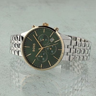 Hugo Boss Avery Chronograph Green Dial Silver Steel Strap Watch for Men - 1514159