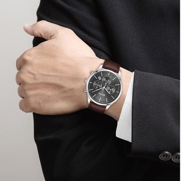 Hugo Boss Avery Chronograph Grey Dial Brown Leather Strap Watch for Men - 1514155