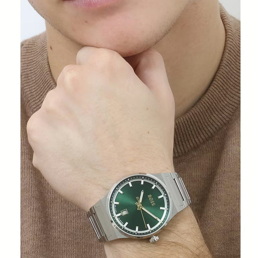 Hugo Boss Candor Green Dial Silver Steel Strap Watch for Men - 1514079