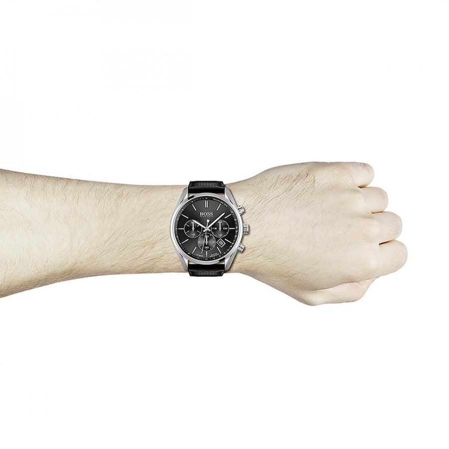 Hugo Boss Champion Black Dial Black Leather Strap Watch for Men - 1513816