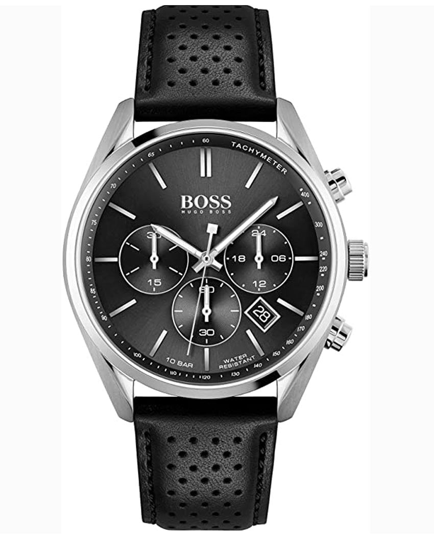 Hugo Boss Champion Black Dial Black Leather Strap Watch for Men - 1513816