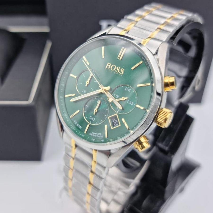 Hugo Boss Champion Green Dial Silver Steel Strap Watch for Men - 1513878