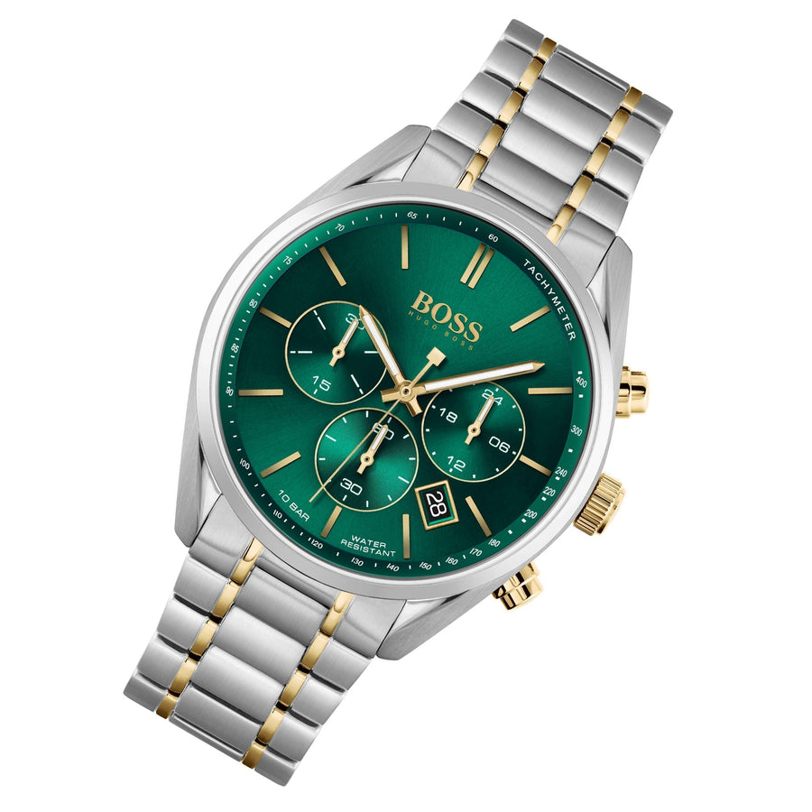 Hugo Boss Champion Green Dial Silver Steel Strap Watch for Men - 1513878