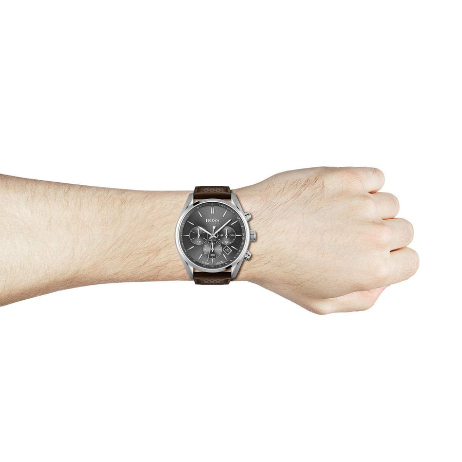 Hugo Boss Champion Grey Dial Brown Leather Strap Watch for Men - 1513815