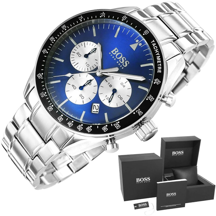 Hugo Boss Chronograph Blue Dial Silver Steel Strap Watch for Men - 1513630