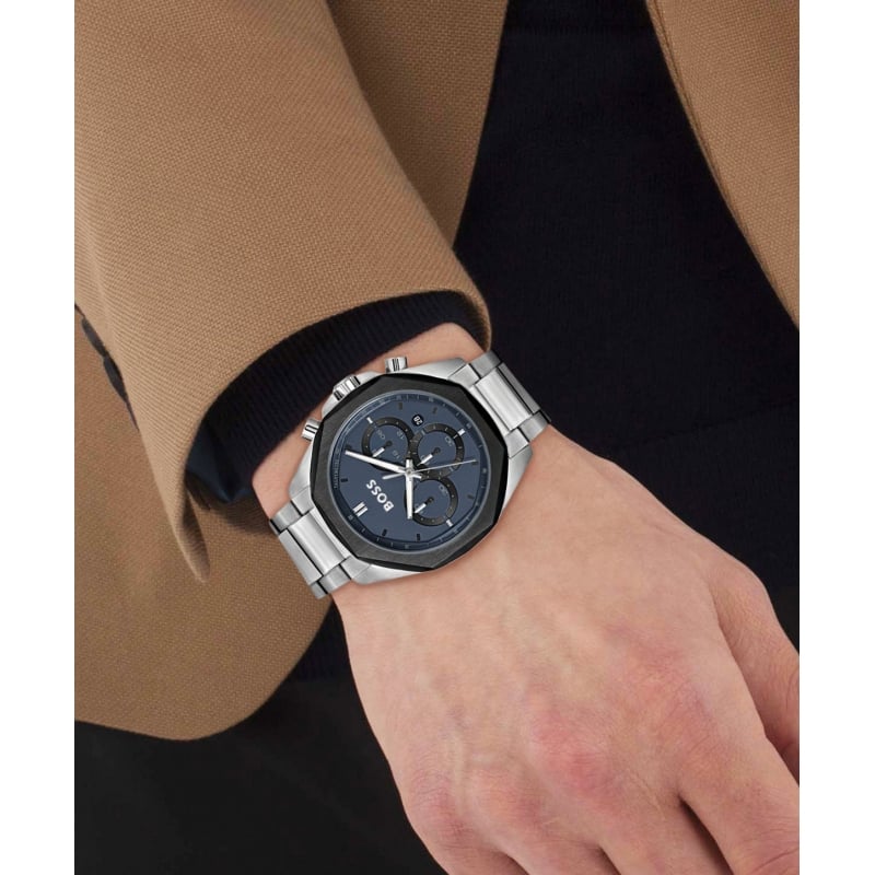 Hugo Boss Cloud Chronograph Blue Dial Silver Steel Strap Watch For Men - 1514015