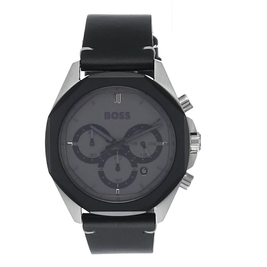 Hugo Boss Cloud Chronograph Grey Dial Black Leather Strap Watch for Men - 1514014