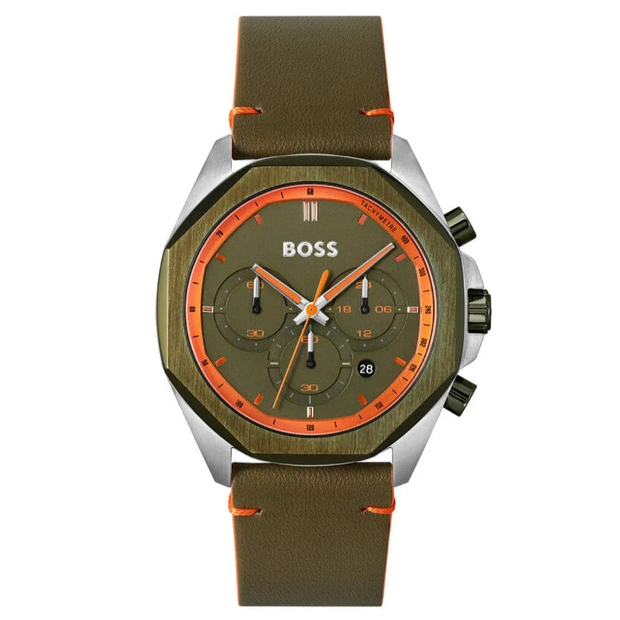 Hugo Boss Cloud Chronograph Olive Green Dial Green Leather Strap Watch for Men - 1514018