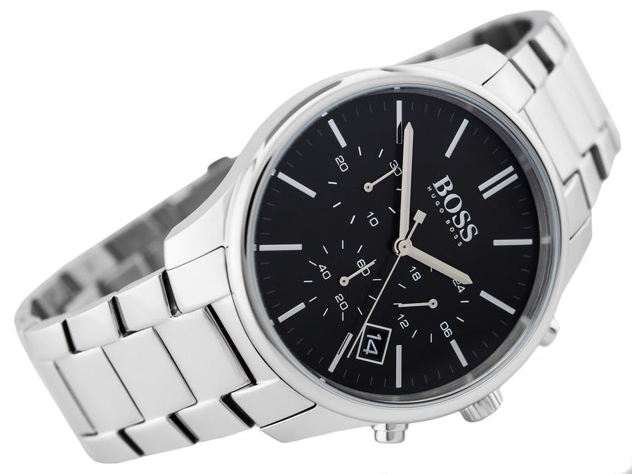 Hugo Boss Commander Black Dial Silver Steel Strap Watch for Men - 1513433