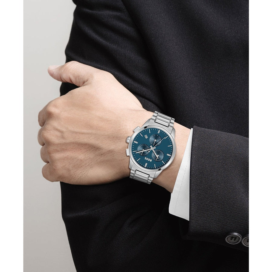 Hugo Boss Dapper Chronograph Blue Dial Silver Steel Strap Watch For Men - 1513927